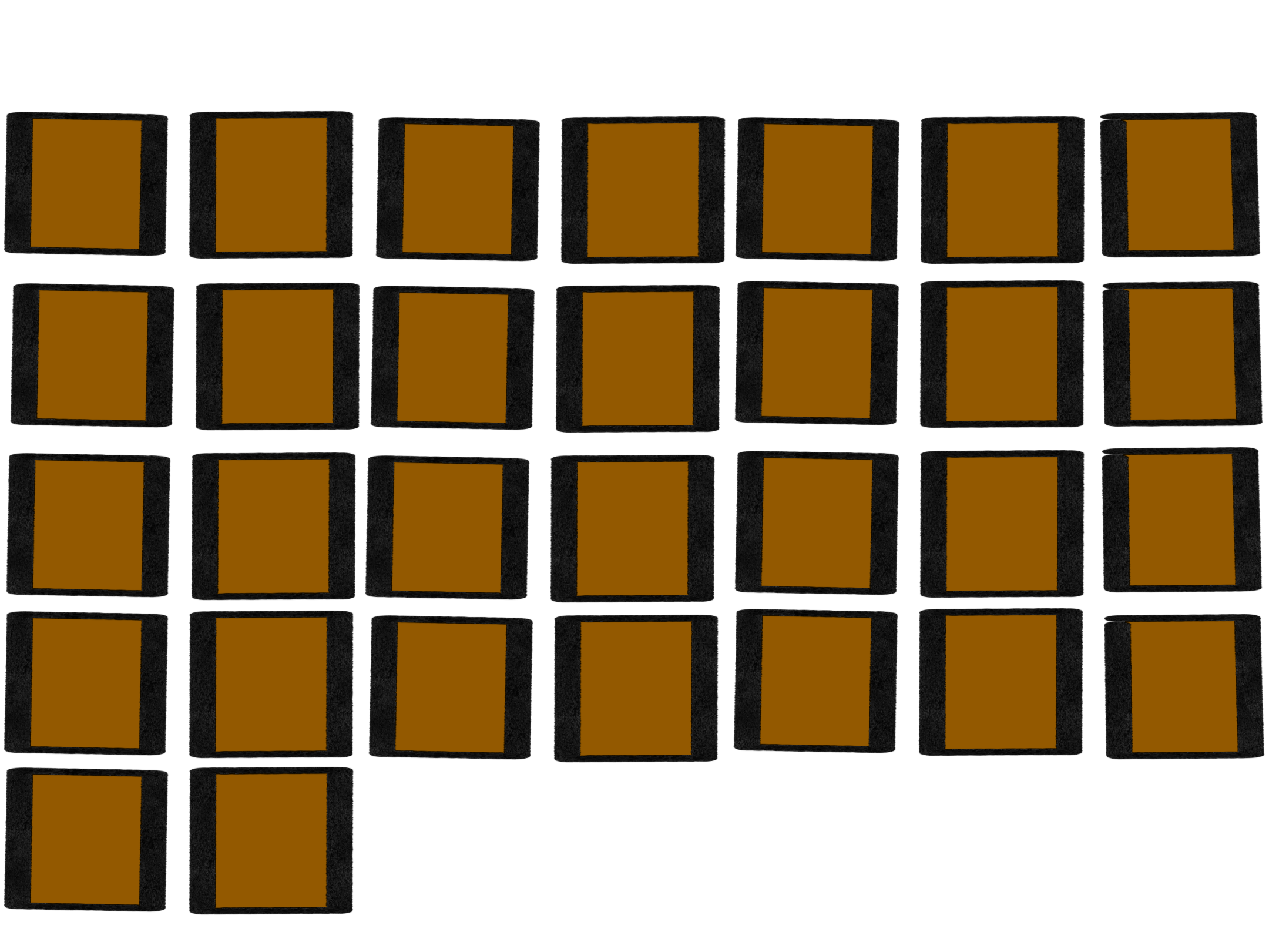 A simple drawing of a monthly calendar for the month of Tishrei. It has the word Tishrei written in white on the top. Below the word are thirty golden boxes in rows. 